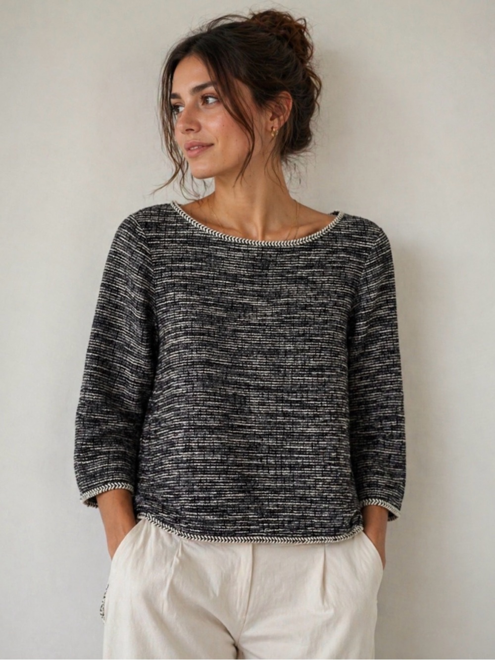MaxStudio Women’s Black & White Marled Boatneck Top